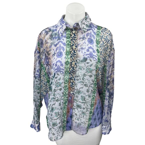 Zara Multicolor Floral Colorblock Striped Long Sleeve Button Down Shirt Top Sz M - Picture 1 of 5